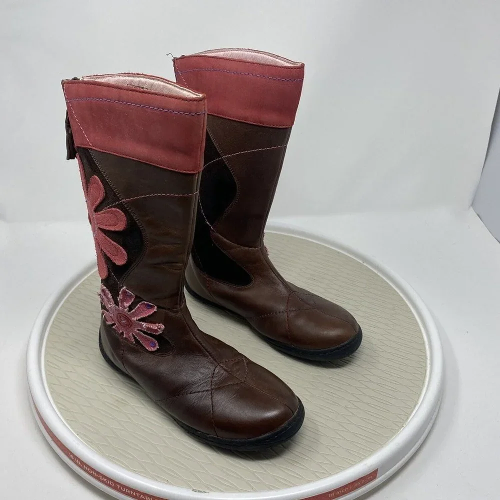Umi Girls Flower Boots Size 2 Big Kid 34 Brown Leather Suede Zipper Tall Artsy